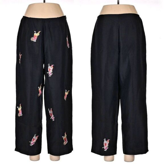 Vintage SLB Silk Pants Cropped Tropical Embroidery Coastal Grandma Size 12 - Picture 2 of 9